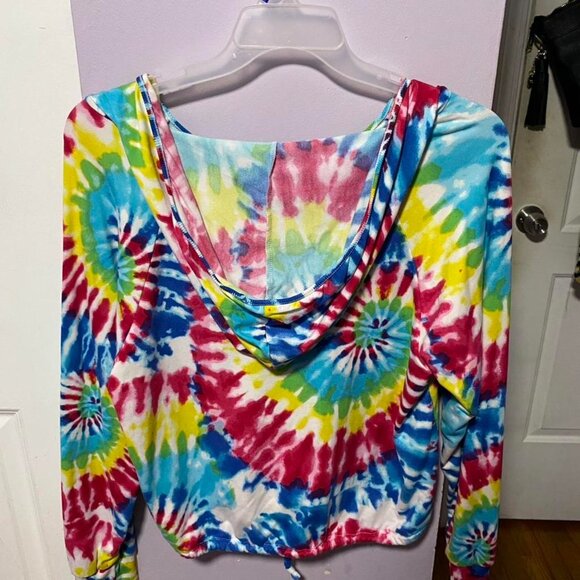 XL Almost Famous multicolored tie dye long sleeve top with hood - Picture 2 of 3